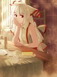  bare_arms cheesecake food fujiwara_no_mokou hair_ribbon hand_on_own_face hand_rest head_rest jar light_particles light_rays long_hair looking_at_viewer miyo_(ranthath) open_window plate ponytail red_eyes ribbon shirt sitting sleeveless sleeveless_shirt solo sunbeam sunlight table tablecloth tile_wall tiles touhou white_hair window 