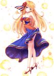  bare_shoulders blonde_hair blue_eyes breasts cleavage dress flower french_flag hair_flower hair_ornament hair_ribbon hibiscus high_heels highres legs lips medium_breasts orangina personification ribbon sandals shoes smile solo toshi_(1-147) 
