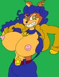  2010 big_breasts breast_expansion breasts canine carmelita_fox clothing collaboration colored darkeralan ear_piercing female green_background lord_friez nipples piercing plain_background sly_cooper_(series) solo 