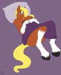  blonde_hair blue_eyes breasts brown_fur brown_nipples clydesdale covering covering_breasts covering_self equine female fur hair hooves horse huge_breasts jackie_rose long_hair looking_at_viewer lying mammal milf mother nipples nude on_back parent phsuke pillow smile solo thick_thighs 