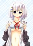  blue_eyes bra date_a_live highres ka2 navel open_clothes open_shirt shirt solo tobiichi_origami underwear white_hair 