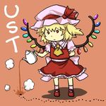  ant blonde_hair blouse bug dress dropping flandre_scarlet hands hat insect red_background red_blouse red_dress red_eyes red_skirt ribbon shoes short_hair side_ponytail skirt solo teapot touhou wings yagimiwa 