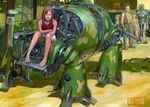  2girls android animal artist_name bangs bare_legs barefoot brown_hair building camouflage crossed_arms dirt_road family headlight house koizumi_kazuaki_production lips looking_at_viewer mecha multiple_boys multiple_girls original outdoors parted_bangs parts_exposed realistic robot rocket_launcher science_fiction shadow shirt signature sitting skull_and_crossbones sleeveless sleeveless_shirt standing sunlight telephone_pole traditional_media walker weapon window 