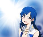  1girl blue_hair hand_on_own_chest idolmaster jewelry kidachi kisaragi_chihaya long_hair necklace open_mouth smile solo tears 