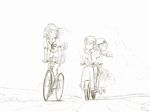  bicycle ground_vehicle hat himekaidou_hatate inubashiri_momiji kawashina_(momen_silicon) long_hair monochrome multiple_girls multiple_riders open_mouth riding shameimaru_aya short_hair sidesaddle sitting skirt smile tokin_hat touhou 