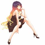  alternate_costume bare_legs black_dress blonde_hair breasts dress earrings full_body gradient_hair high_heels hijiri_byakuren jewelry legs long_hair long_legs looking_at_viewer mayoln medium_breasts multicolored_hair purple_hair red_hair shoes simple_background smile solo thighs touhou white_background yellow_eyes 