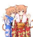  alternate_costume animal_ears arm_around_neck blush brown_hair cat_ears cat_tail facial_mark fire_emblem fire_emblem:_akatsuki_no_megami floral_print hand_on_shoulder japanese_clothes jiino kimono lethe lyre_(fire_emblem) multiple_girls outstretched_hand parted_lips paw_pose short_hair siblings simple_background sisters smile tail twins white_background 