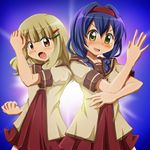  :d blonde_hair blue_hair braid brown_eyes clenched_hands fang fighting_stance furutani_himawari hair_ornament hairband hairclip looking_at_viewer multiple_girls nanamori_school_uniform oomuro_sakurako open_mouth school_uniform serafuku shishinon smile sweatdrop twin_braids yellow_eyes yuru_yuri 