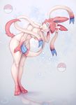  anthro anthrofied blue_eyes bow breasts canine censored convenient_censorship covering covering_self eeveelution female fur hair long_hair looking_at_viewer mammal navel nintendo nude pink_hair plain_background pok&#233;mon pok&#233;morph pok&eacute;mon pok&eacute;morph ribbons smile solo spookable standing sylveon thighs titania_(character) video_games wide_hips 