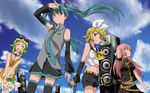  arm_up bad_id bad_pixiv_id belt blonde_hair closed_eyes cloud day derivative_work detached_sleeves goggles goggles_on_head green_eyes green_hair gumi hair_ornament hair_ribbon hairclip hatsune_miku kagamine_rin long_hair megurine_luka midriff multiple_girls navel necktie open_mouth pink_hair plectrum ribbon skirt sky smile speaker thighhighs to_aru_kagaku_no_railgun to_aru_majutsu_no_index twintails vocaloid wrist_cuffs yellow_eyes yuzuchaya 