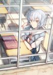 90i ayanami_rei blue_hair chair classroom computer desk expressionless from_outside glass indoors laptop looking_at_viewer looking_out_window neon_genesis_evangelion red_eyes ribbon school_desk school_uniform short_hair sitting solo table tsurime window 