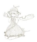  animal_ears earrings feathered_wings hat highres jewelry kawashina_(momen_silicon) monochrome mystia_lorelei shadow short_hair simple_background sitting solo touhou wariza white_background winged_hat wings 