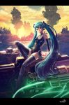  aqua_hair boots breasts cable choker cloud elbow_gloves gloves glowing green_eyes hatsune_miku headphones highres leotard letterboxed long_hair masamsa neon_trim science_fiction signature sitting small_breasts solo sunset thigh_boots thighhighs twintails very_long_hair vocaloid 
