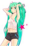  absurdres armpits arms_up bad_id bad_pixiv_id bunching_hair character_name food green_eyes green_hair hatsune_miku highres long_hair midriff mouth_hold navel pine_(yellowpine112) popsicle shorts solo star twintails very_long_hair vocaloid white_background 