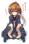  :d black_serafuku boots brown_eyes brown_hair covering covering_crotch full_body fumizuki_(kantai_collection) kantai_collection long_hair looking_at_viewer open_mouth ponytail school_uniform serafuku simple_background sitting sketch skirt smile solo translated ukyo_rst v_arms white_background white_neckwear 