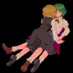  all_fours antennae arm_support black_background blonde_hair bobby_socks cape face-to-face green_eyes green_hair hair_ribbon juliet_sleeves loafers long_sleeves multiple_girls puffy_sleeves ribbon rumia shoes skirt skirt_set socks ta_(tama2623) touhou wriggle_nightbug yuri 