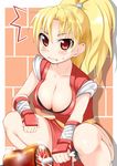  1girl blonde_hair blush breasts capcom cleavage final_fight food genryuusai_maki large_breasts meat saliva solo squatting 