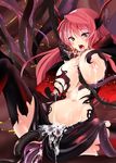  black_legwear blush breasts cum demon_girl demon_horns highres horns lactation large_breasts long_hair maou_(maoyuu) maoyuu_maou_yuusha nipples open_mouth red_eyes red_hair solo spread_legs takara_akihito tentacles thighhighs torn_clothes 