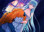  1girl blue_eyes blue_hair breasts dutch_angle emilie_du_chatelet game_cg heterochromia huge_breasts liarsoft lingerie long_hair ourai_no_gahkthun solo steampunk_(liarsoft) thighhighs underwear undressing window yellow_eyes 
