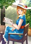  blonde_hair blue_eyes book chair crossed_legs dress flower hat hat_flower holding holding_book kurei_mamoru lips long_hair looking_at_viewer open_book orangina pantyhose personification sitting smile solo sun_hat 