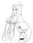  1girl blush breasts cleavage cloak front_ponytail greyscale hat height_difference hood huge_breasts link mato_spectoru midna midna_(true) monochrome navel pointy_ears spoilers the_legend_of_zelda the_legend_of_zelda:_twilight_princess tiara toon_link 