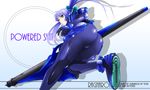  armor ass blue_hair bodysuit expressionless from_behind from_below gatakk gloves gradient gradient_background green_eyes long_hair mecha_musume original purple_hair shiny shiny_clothes solo twintails weapon 