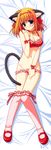  absurdres animal_ears bell bell_choker blue_eyes blush bow bra breasts cat_ears cat_tail choker cleavage closed_mouth covering covering_breasts covering_crotch dakimakura embarrassed eyebrows_visible_through_hair frilled_bra frilled_panties frills full_body fuyou_kaede hair_bow hairband highres looking_at_viewer lowleg lowleg_panties lying medium_breasts navel nishimata_aoi orange_hair panties panty_pull pink_bra pink_legwear pink_panties scan shiny shiny_skin shoes short_hair shuffle! socks solo tail tareme underwear underwear_only wristband 