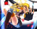  ahoge belt blonde_hair blurry boots breasts cleavage clenched_hand coppelia_(futamine) depth_of_field grin jacket large_breasts lips long_hair orange_legwear petals purple_eyes rwby scarf shorts smile solo thighhighs yang_xiao_long 