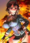  black_hair black_legwear breasts covered_nipples fire gen_(black_factory) gloves hat highres kantai_collection large_breasts pink_eyes serious short_hair skirt solo takao_(kantai_collection) thighhighs 