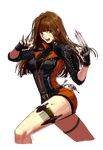  1girl absurdres band brown_eyes brown_hair claw claws dungeon_and_fighter fang female fighter_(dungeon_and_fighter) highres jacket jaket leather leg_up long_hair looking_away nail_polish open_mouth poison profile scar shorts solo 