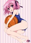  :d ass barefoot basketball blush feet hair_ribbon lying minato_tomoka mizuki_makoto mole object_hug on_side one-piece_swimsuit one_side_up open_mouth pink_hair purple_eyes ribbon rou-kyuu-bu! school_swimsuit smile solo striped striped_background swimsuit vertical-striped_background vertical_stripes 