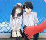  1girl black_hair blurry chain-link_fence closed_eyes couple depth_of_field fence fringe_trim good_end grin hair_ornament hairclip hand_on_another's_head hands_on_own_knees happy_tears hetero junjam kagerou_project kisaragi_shintarou long_hair moire petting red_scarf scarf school_uniform short_hair sitting smile tateyama_ayano tears 