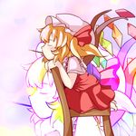  bad_id bad_pixiv_id barefoot blonde_hair blush chair closed_eyes flandre_scarlet food food_in_mouth from_side gradient gradient_background hat hat_ribbon mob_cap mouth_hold pocky profile ribbon seiza short_hair short_sleeves side_ponytail sitting sitting_backwards skirt skirt_set sokutenkun solo touhou wings zoom_layer 