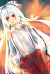  bad_id bad_pixiv_id dress_shirt dutch_angle expressionless fiery_wings frilled_shirt frills fujiwara_no_mokou hair_ribbon hands_in_pockets highres long_hair red_eyes ribbon shirt sijima silver_hair solo touhou tress_ribbon very_long_hair wings 