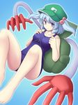  backpack bag barefoot blue_eyes blue_hair hair_bobbles hair_ornament hands hat isaki_(gomi) kawashiro_nitori key one-piece_swimsuit school_swimsuit short_hair swimsuit touhou two_side_up 