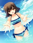  :d absurdres bikini blue_bikini breasts brown_eyes brown_hair cloud day floral_print hands highres kimi_to_issho_ni matsushita_yui medium_breasts navel nishimata_aoi ocean open_mouth outstretched_hand short_hair sky smile solo splashing swimsuit wading water 