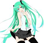  green_eyes green_hair hatsune_miku long_hair necktie simple_background skirt skirt_hold smile solo suu2510 thighhighs twintails very_long_hair vocaloid white_background 