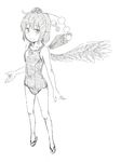  feathered_wings flip-flops greyscale hat kawashina_(momen_silicon) leaf looking_at_viewer monochrome one-piece_swimsuit pointy_ears pom_pom_(clothes) sandals shameimaru_aya short_hair simple_background smile solo swimsuit tokin_hat touhou white_background wings 