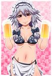  alcohol apron beer beer_mug bikini braid breasts cup hairband hayashi_custom holding holding_cup izayoi_sakuya looking_at_viewer medium_breasts navel red_eyes side-tie_bikini silver_hair smile solo star swimsuit touhou twin_braids 