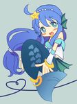  blue_background blue_eyes blue_hair bracelet detached_sleeves full_body hair_ornament hairband hairpin heart heart_of_string jewelry long_hair low-tied_long_hair lowres madou_monogatari mermaid monster_girl puyopuyo seriri_(puyopuyo) shirt smile solo star star_hair_ornament yamada_(kamett) 