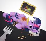  eating equine eyes female feral food food_play fork friendship_is_magic fur hair horn horse inside looking_at_viewer lying mammal my_little_pony on_side photo pillow pony purple_eyes purple_fur purple_hair solo spaghetti twilight_sparkle_(mlp) unicorn 
