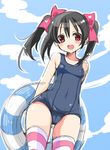  black_hair cameltoe innertube long_hair love_live! love_live!_school_idol_project one-piece_swimsuit open_mouth red_eyes school_swimsuit sketch smile solo striped striped_legwear swimsuit thighhighs toki_ai twintails wide_hips yazawa_nico 