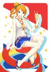  1girl anthropomorphization blue_eyes cup france high_heels open_mouth orangina personification sandals toes you_(you_c) 