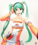  blue_eyes elbow_gloves gloves goodsmile_company goodsmile_racing green_hair hatsune_miku headset kyousakee long_hair looking_at_viewer outstretched_arm race_queen racing_miku racing_miku_(2010) solo tools twintails vocaloid wrench 
