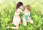  bad_id bad_pixiv_id barefoot brown_eyes brown_hair dress field flower grass head_wreath highres kneeling long_hair multiple_girls nature original sitting syou_(endemic_species) wariza 