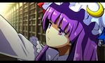  anime_coloring blurry crescent depth_of_field expressionless fake_screenshot hat outstretched_arm patchouli_knowledge purple_eyes purple_hair ryo_(0626kk) solo touhou 