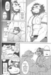  awkward bathroom bear biceps blush canine chubby clothing comic facial_hair feline fox fur jin_(artist) lion male mammal me_and_my_teacher monochrome muscles suspicion sweat text wolf yelling 