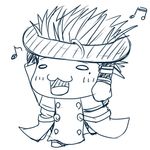  1boy :3 arms_up blush carrying chibi coat doughnut food happy high_collar long_coat mole monochrome musical_note open_mouth short_hair spiked_hair trigun vash_the_stampede walking 