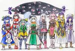  adapted_costume alternate_costume animal_ears black_hair blue_hair boots bunny_ears crescent dress gap gradient_hair hat hijiri_byakuren hinanawi_tenshi ibaraki_kasen kawachi_koorogi komeiji_koishi konpaku_youmu long_hair multicolored_hair multiple_girls necktie pantyhose patchouli_knowledge purple_hair red_eyes reisen_udongein_inaba shameimaru_aya short_hair skirt smile sword thigh_boots thighhighs tokin_hat touhou weapon 