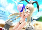  bad_id bad_pixiv_id ball beach beachball bikini black_bikini black_eyes blonde_hair blush day flat_chest hair_ribbon highleg highleg_bikini highleg_swimsuit highres kantai_collection lifebuoy long_hair looking_at_viewer mizuyan navel open_mouth rensouhou-chan ribbon shimakaze_(kantai_collection) shiny shiny_skin skindentation solo swimsuit 